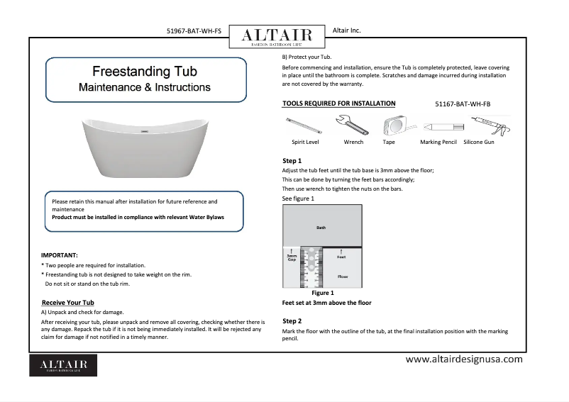 Page 1 de la notice Manuel utilisateur Altair Vansza 51967-BAT-WH-FS