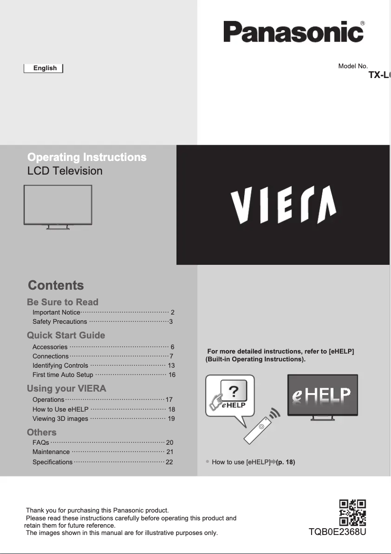 Image de la première page du manuel de l'appareil Viera TX-L65WT600B