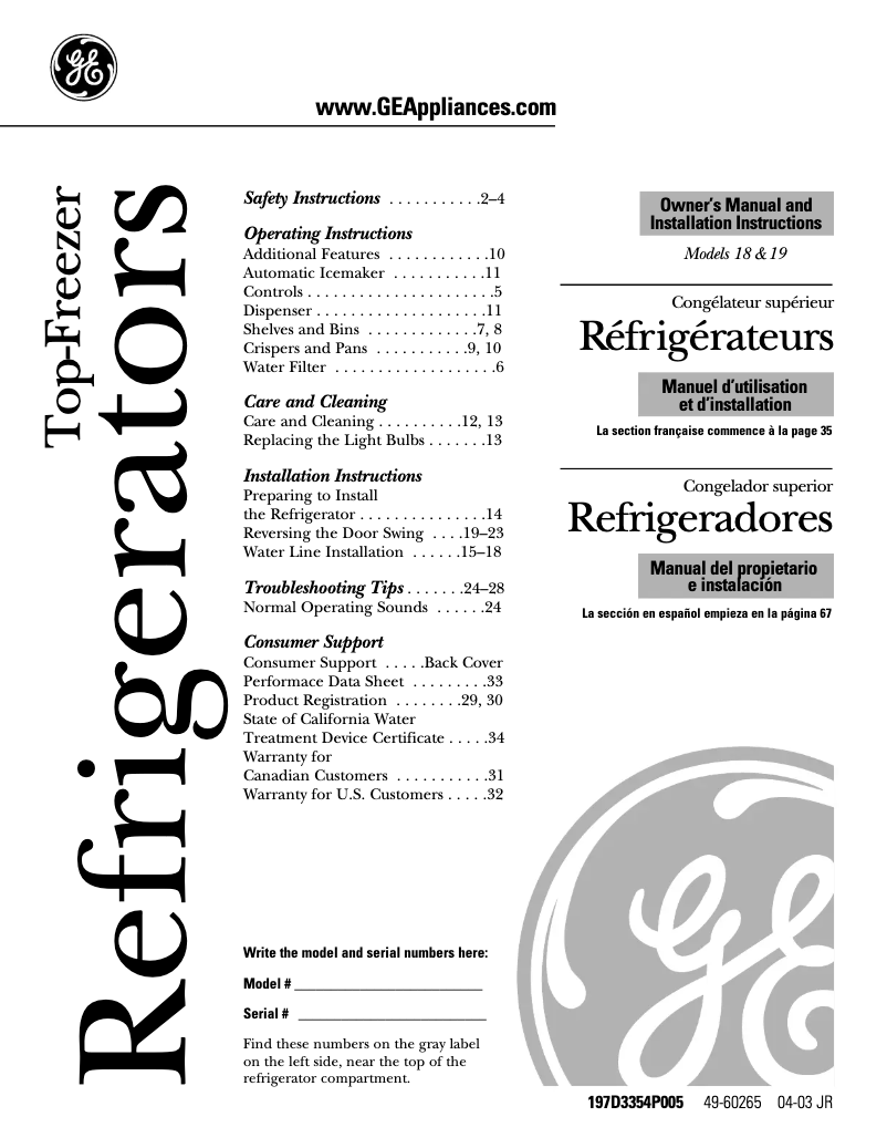 Page 1 de la notice Guide d'installation GE GTS19QBPWW