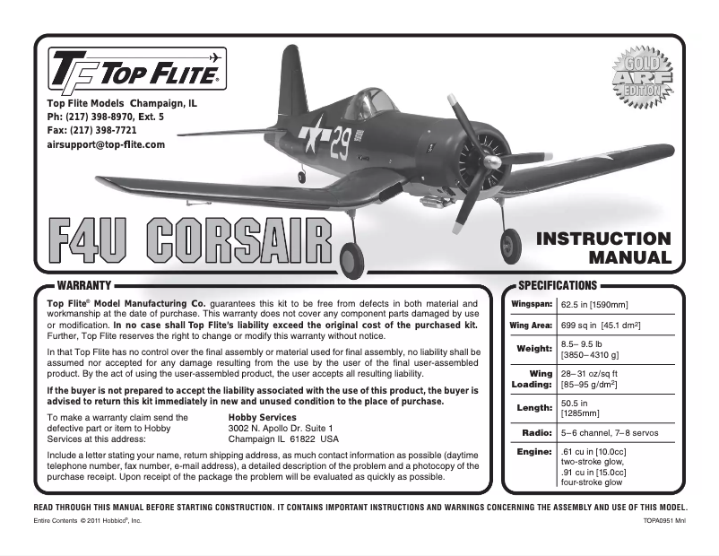 Page n°1 - Manuel utilisateur Top Flite F4U Corsair
