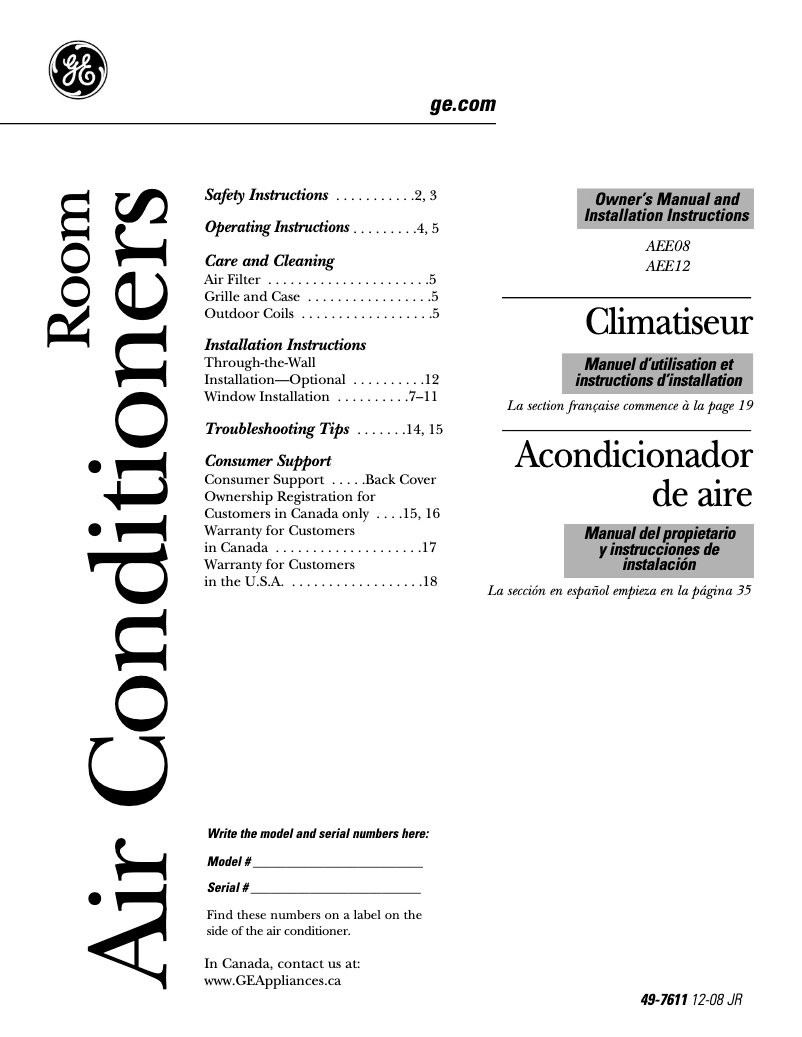 Page 1 de la notice Manuel d'utilisation et d'entretien GE AEE12DM