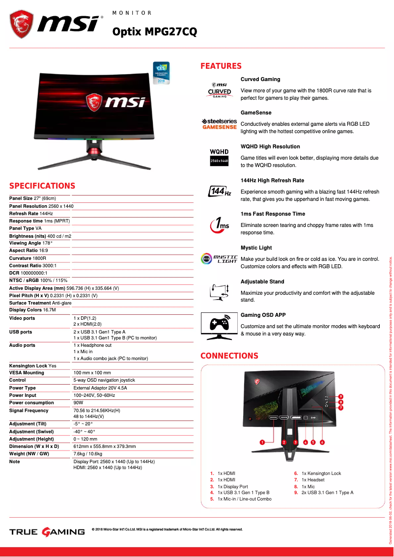 Page 1 de la notice Fiche technique MSI Optix MPG27CQ