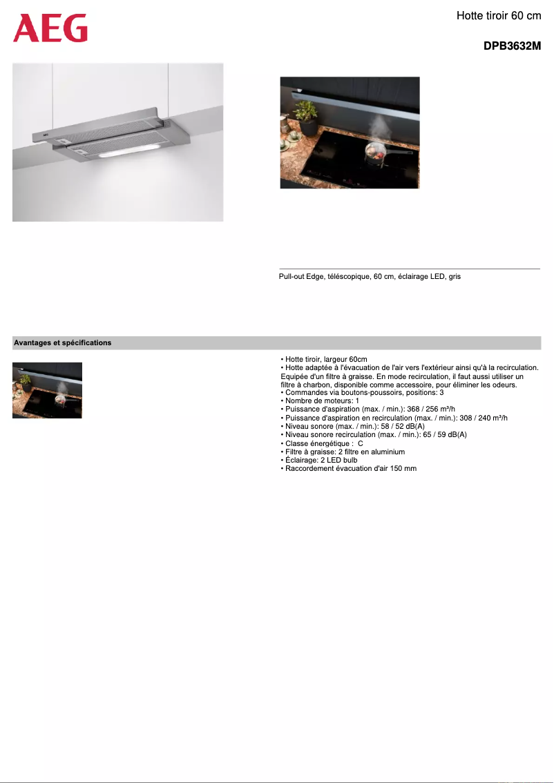 Page 1 de la notice Fiche technique AEG DPB3632M