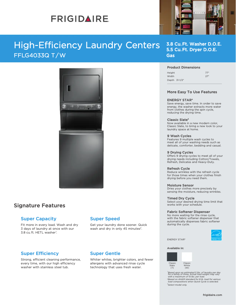 Page 1 de la notice Fiche technique Frigidaire FFLG4033Q