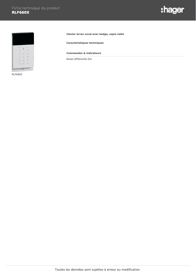 Page 1 de la notice Fiche technique Hager RLF660X