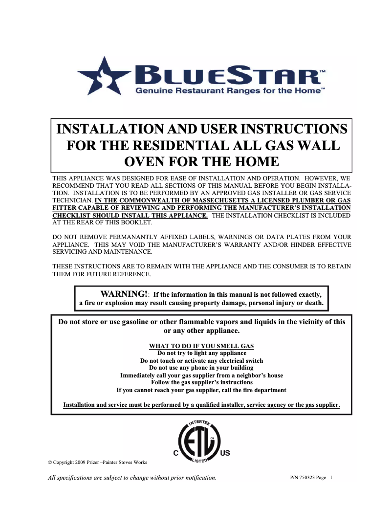 Page n°1 - Manuel utilisateur BlueStar BWO24AGSHL