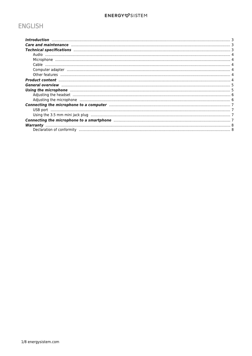Page n°1 - Manuel utilisateur Energy Sistem Headset Office 3