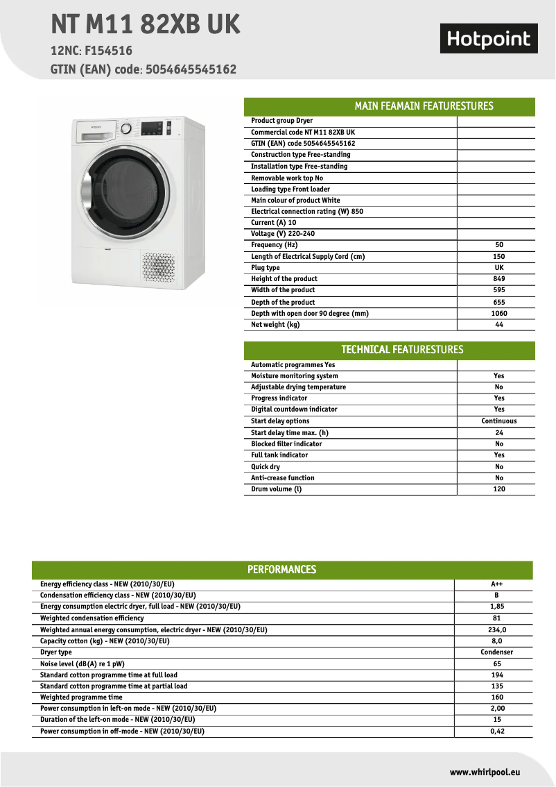 Page n°1 - Fiche technique Hotpoint NT M11 82XB UK