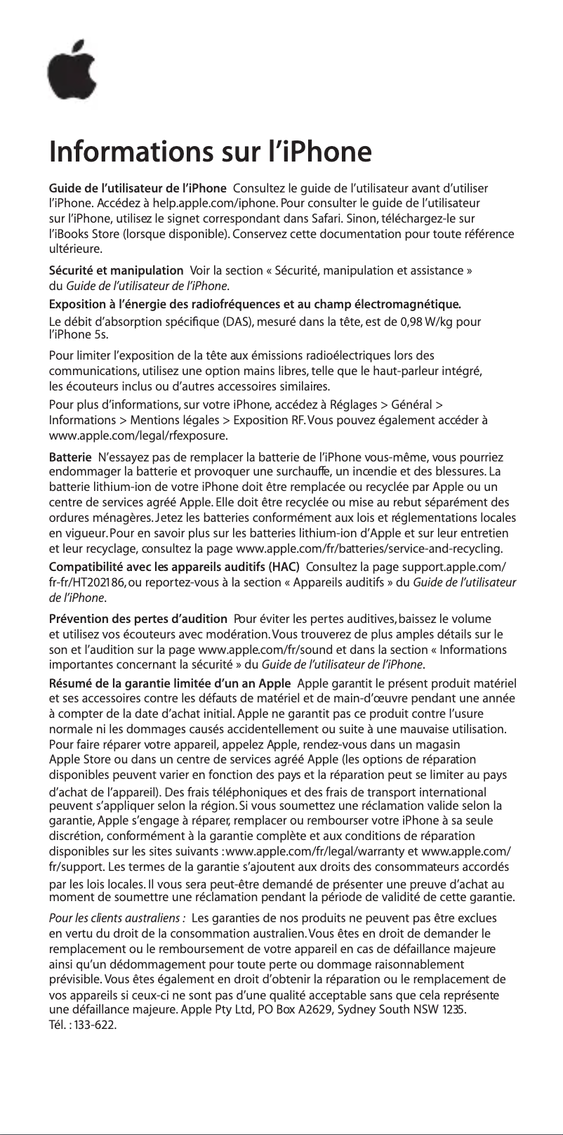 Image de la première page du manuel de l'appareil iPhone 5S