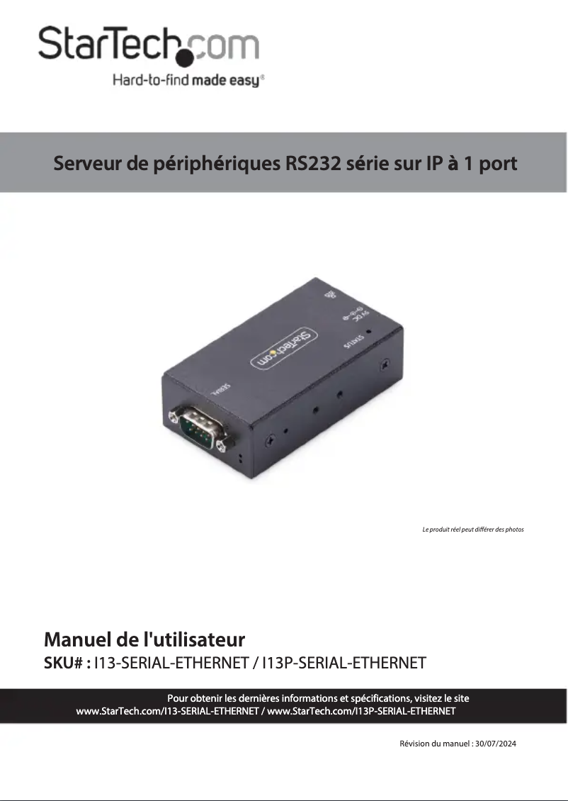 Page 1 de la notice Manuel utilisateur StarTech.com I13P-SERIAL-ETHERNET