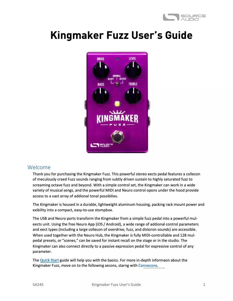 Page 1 de la notice Manuel utilisateur Source Audio Kingmaker Fuzz