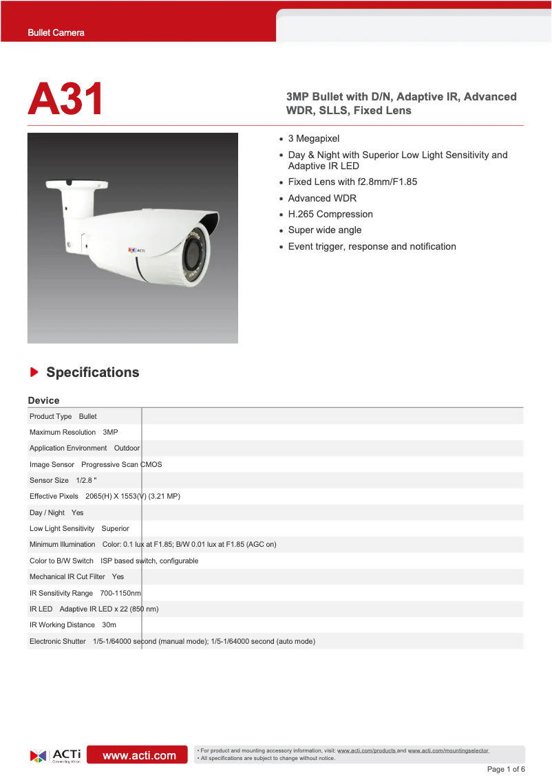 Page 1 de la notice Fiche technique ACTi A31