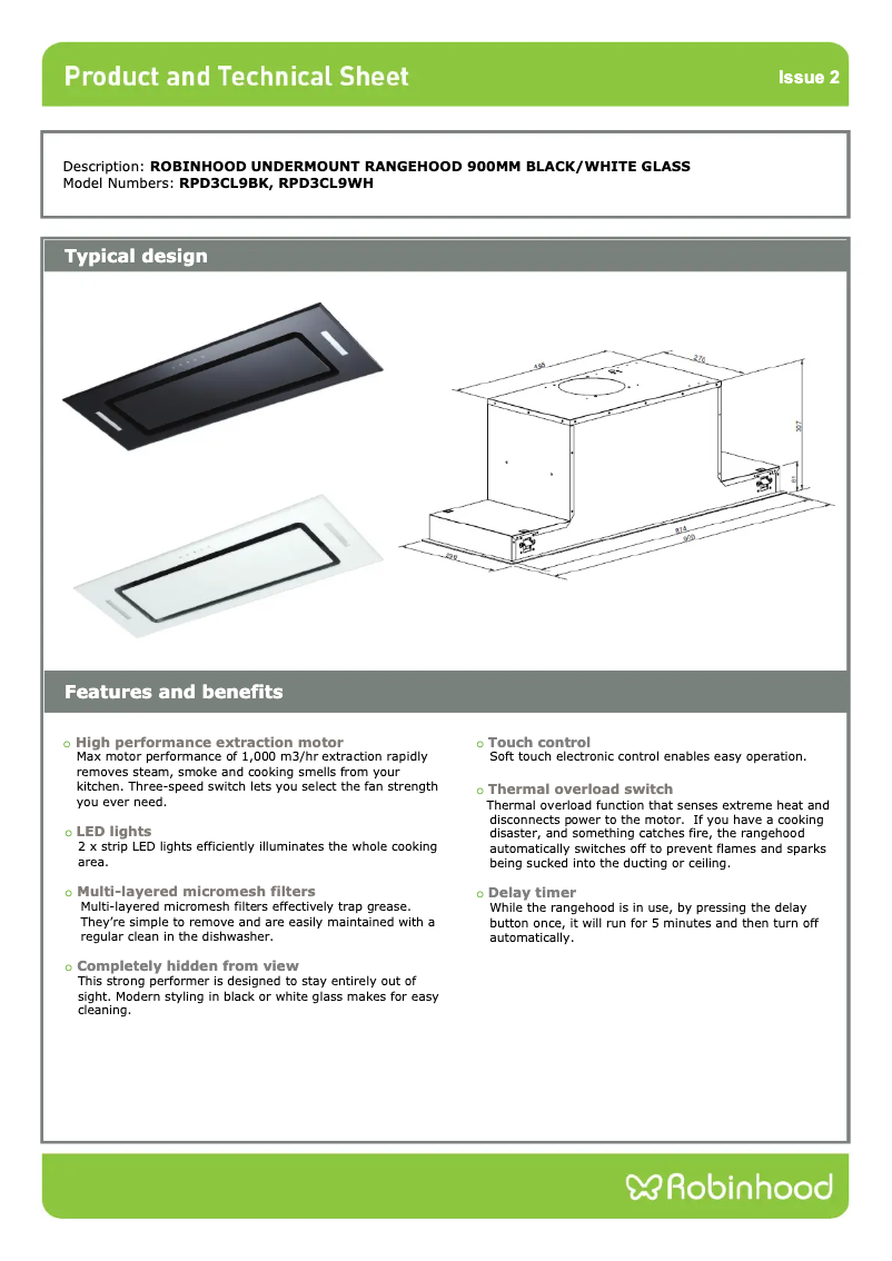 Page 1 de la notice Fiche technique Robinhood RPD3CL9BK