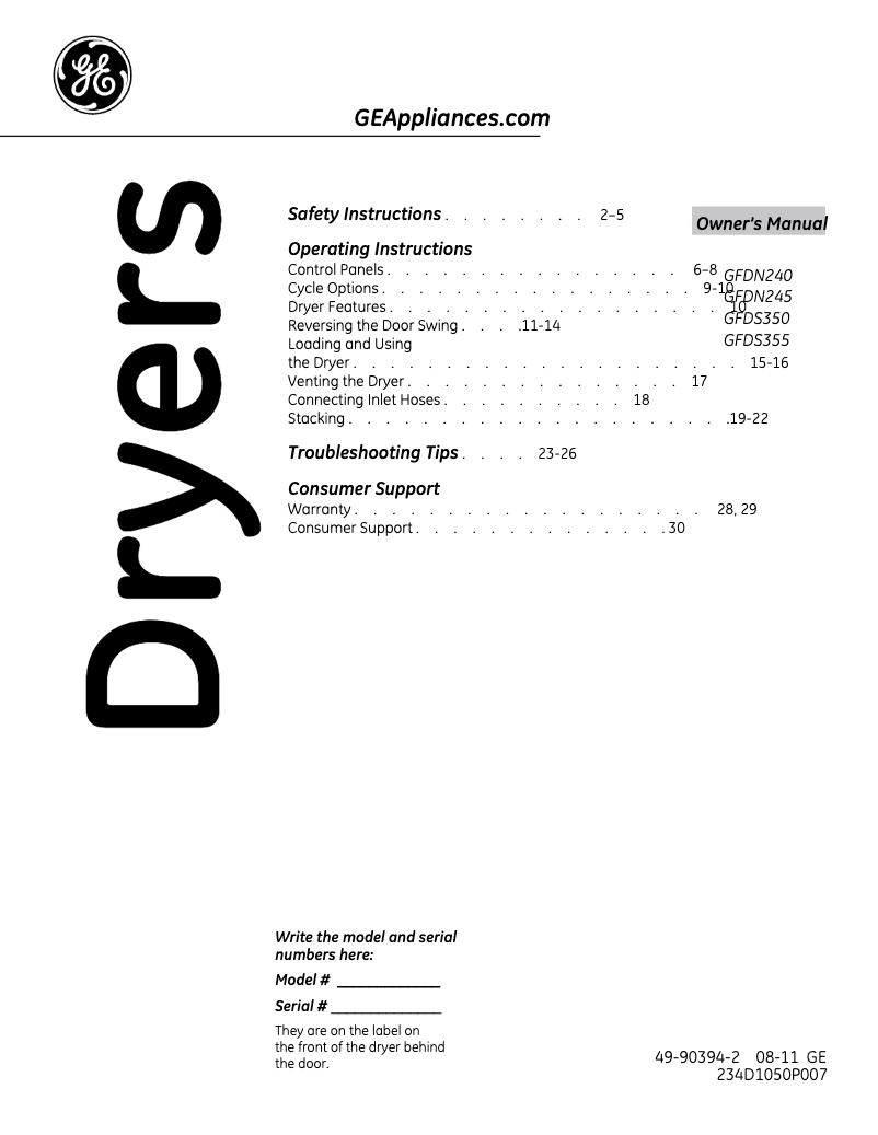 Page 1 de la notice Manuel d'utilisation et d'entretien GE GFDS350ELWW
