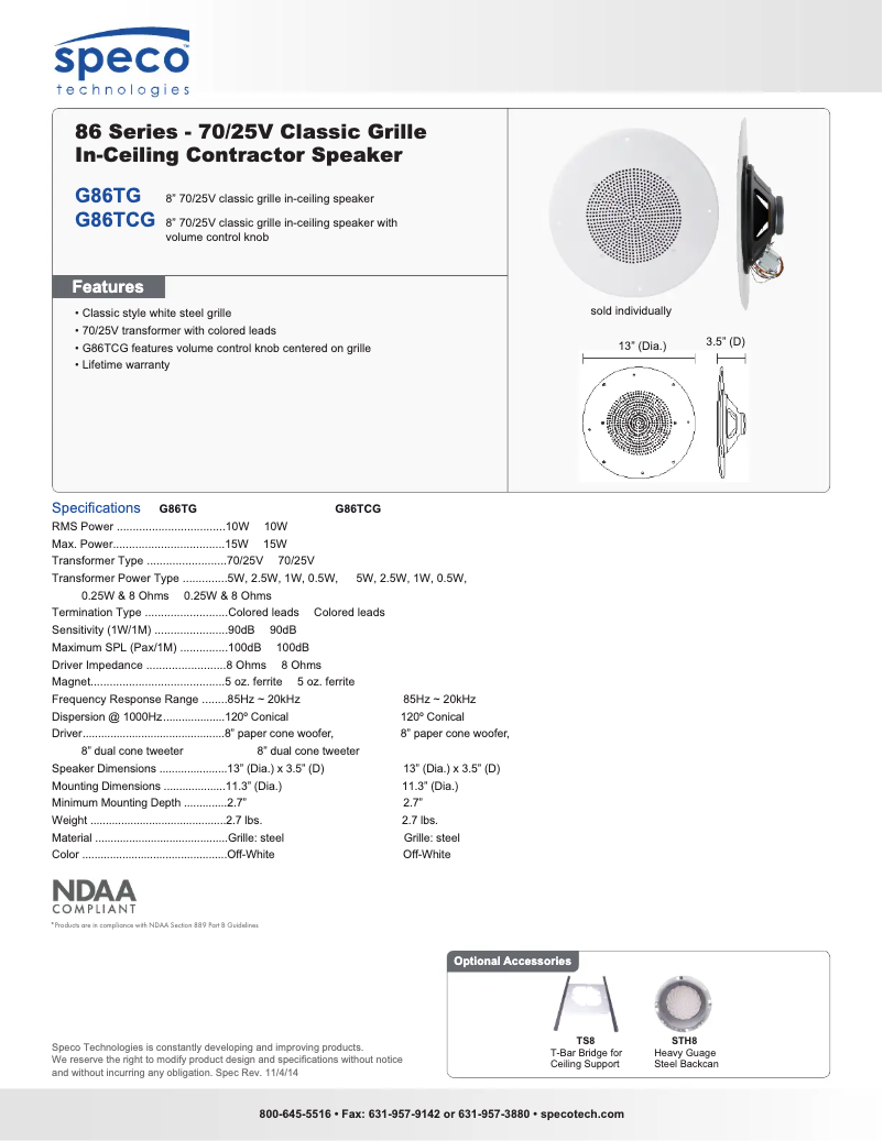 Page 1 de la notice Fiche technique Speco Technologies G86TCG