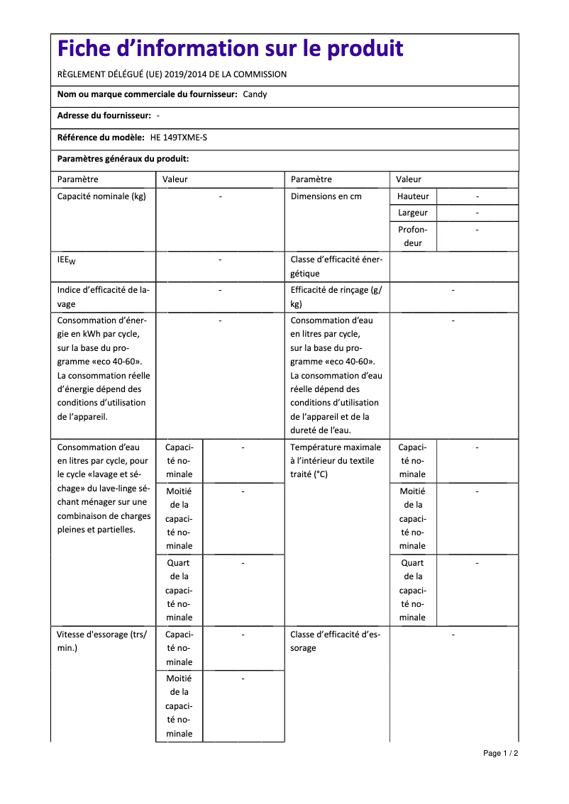Page n°1 - Manuel utilisateur Candy HE 149TXME-S