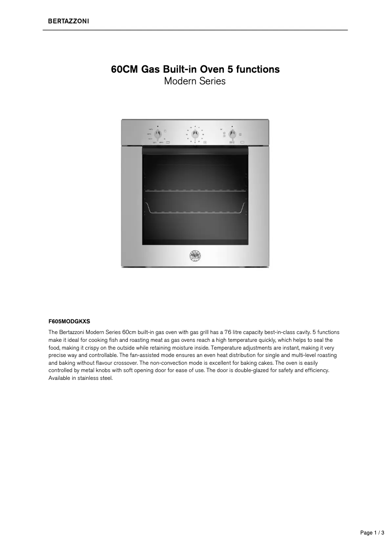 Page n°1 - Fiche technique Bertazzoni F605MODGKXS
