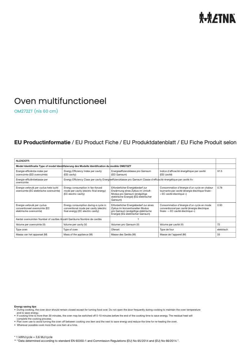 Page 1 de la notice Fiche technique Etna OM272ZT