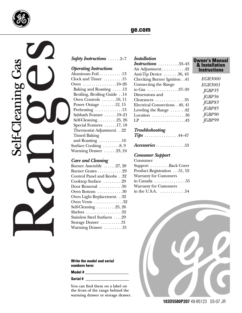 Page n°1 - Manuel d'utilisation et d'entretien GE Profile JGBP99SEHSS