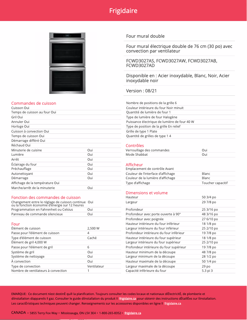 Page 1 de la notice Fiche technique Frigidaire FCWD3027AS