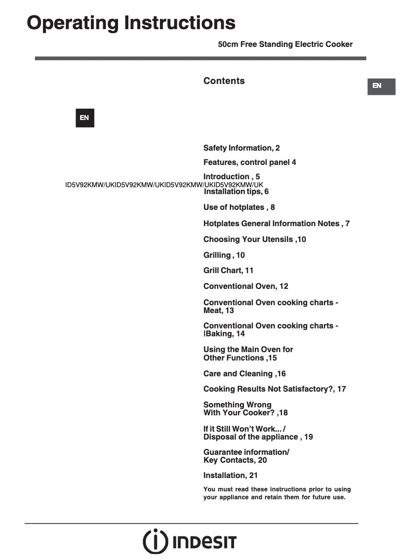 Página 1 del manual Manual de instrucciones Indesit ID5V92KMW/UK