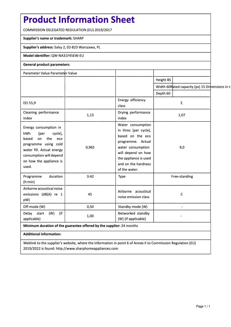 Page n°1 - Manuel utilisateur Sharp QW-NA31F45EW-EU