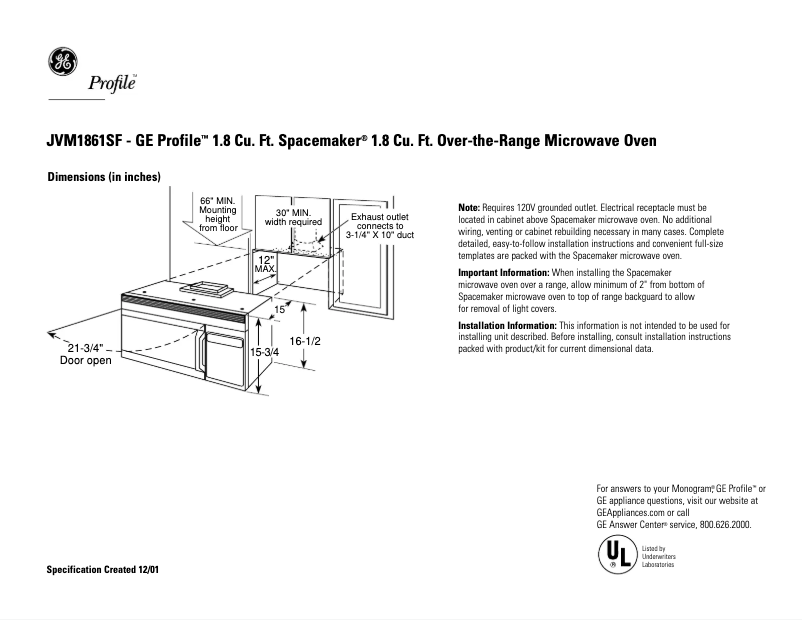 Page n°1 - Fiche technique GE JVM1861SF