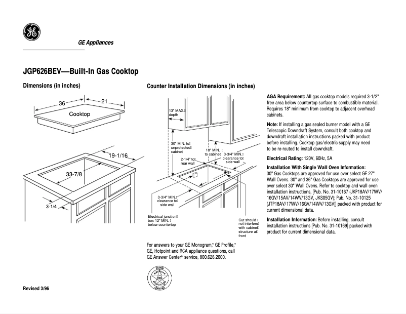 Page 1 of the manual Technical Sheet GE JGP626BEVBB