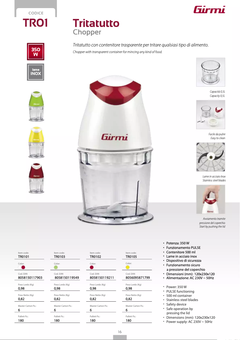 Page 1 de la notice Fiche technique Girmi TR01