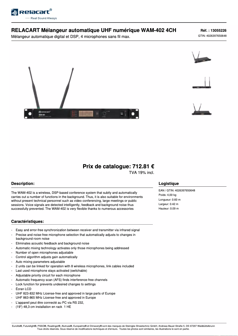Page n°1 - Fiche technique Relacart WAM-402