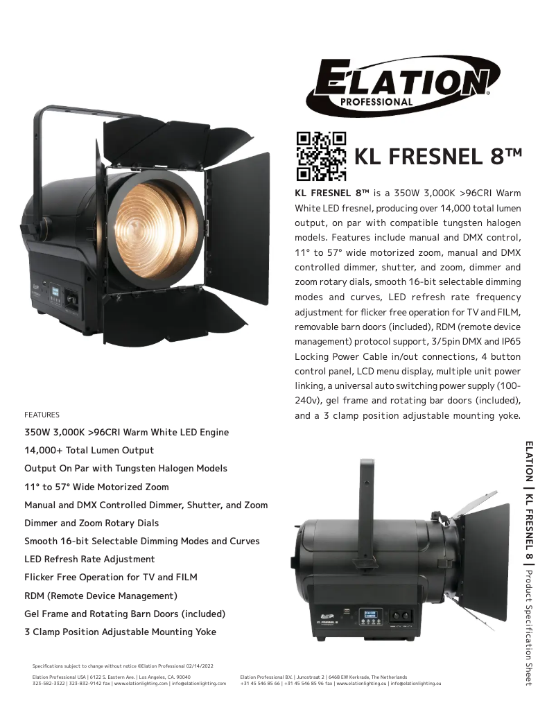 Page 1 of the manual Technical Sheet Elation KL Fresnel 8