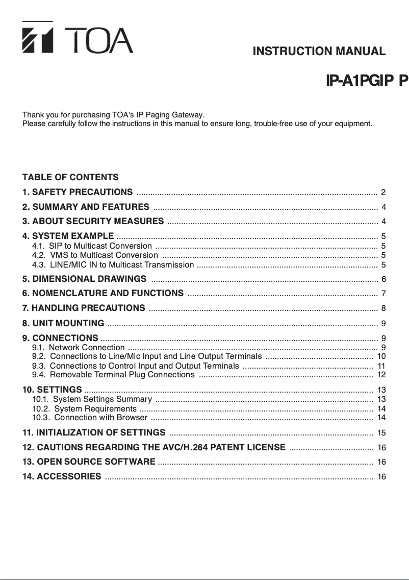 Page 1 of the manual User Manual TOA IP-A1PG
