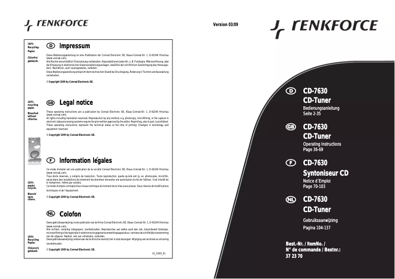 Page 1 de la notice Manuel utilisateur Renkforce CD-7630