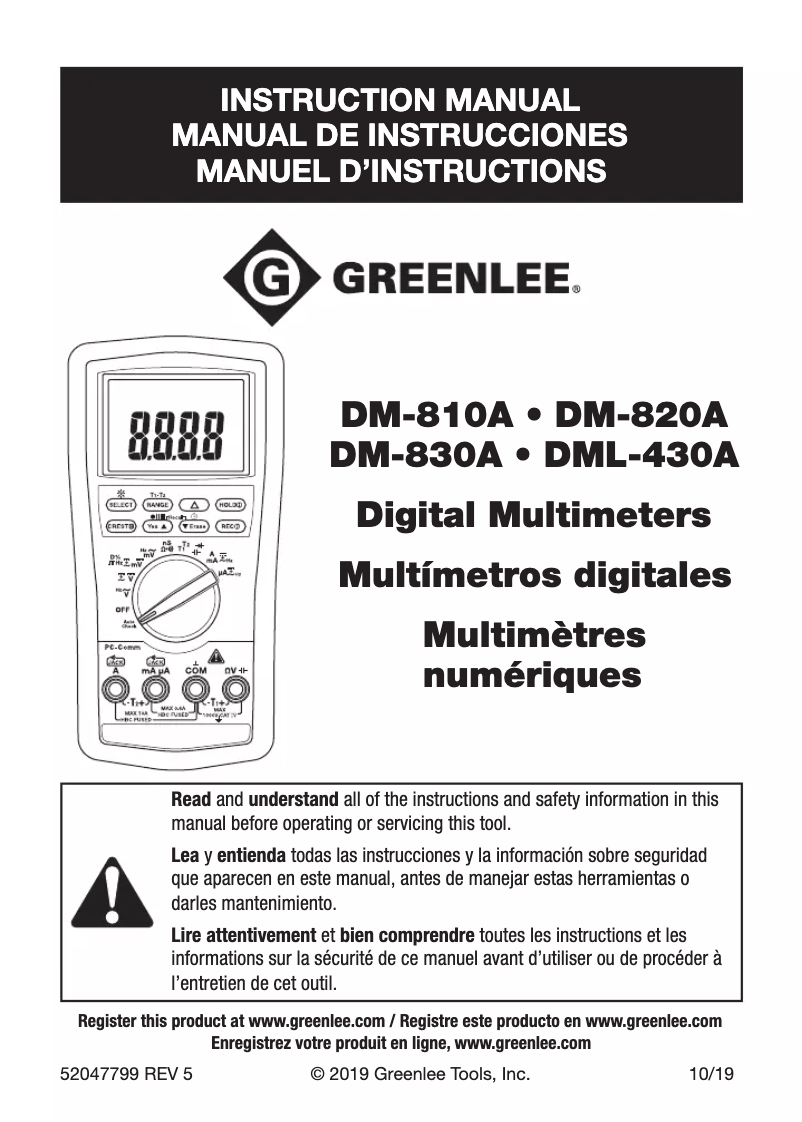 Page n°1 - Manuel utilisateur Greenlee DM-820A