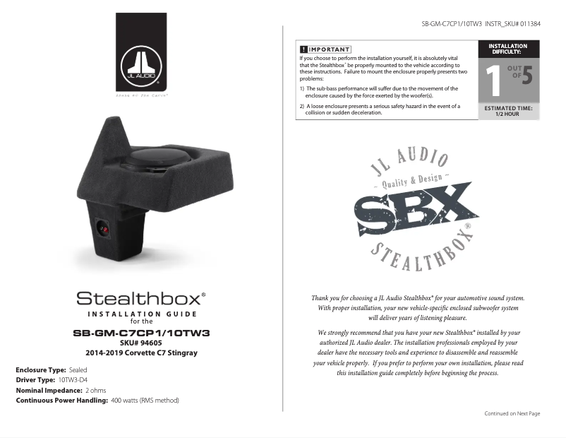 Page 1 de la notice Manuel utilisateur JL Audio Stealthbox SB-GM-C7CP1/10TW3