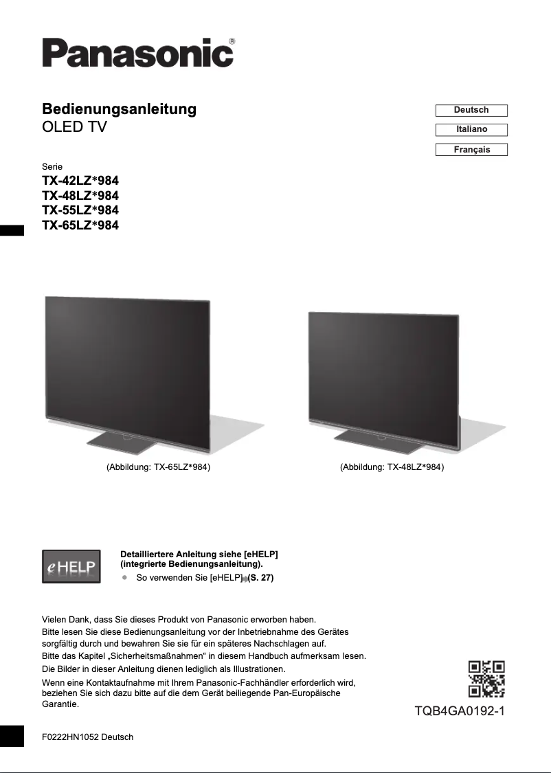 Page 1 de la notice Guide de démarrage rapide Panasonic TX-48LZW984