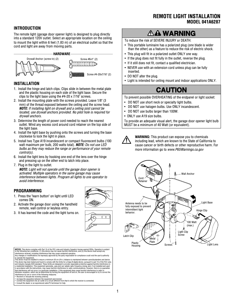 Page n°1 - Manuel utilisateur LiftMaster 041A6287