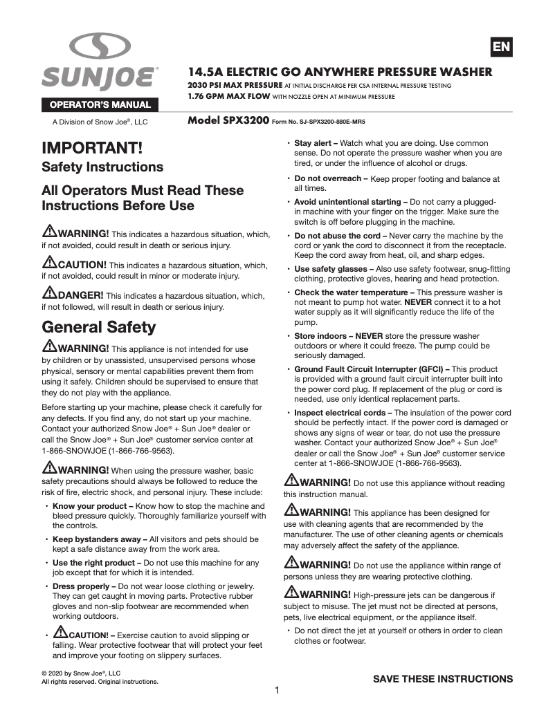 Page n°1 - Manuel utilisateur Sun Joe SPX3200