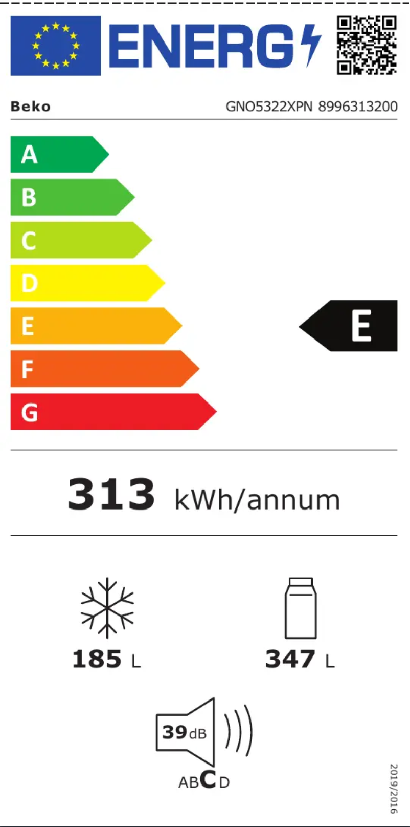 Page 1 de la notice Label énergétique Beko GNO5322XPN