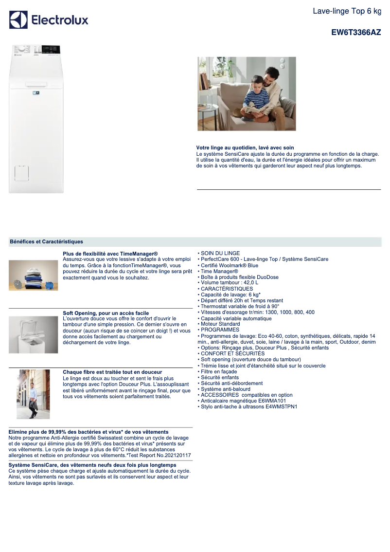 Page 1 de la notice Fiche technique Electrolux EW6T3366AZ