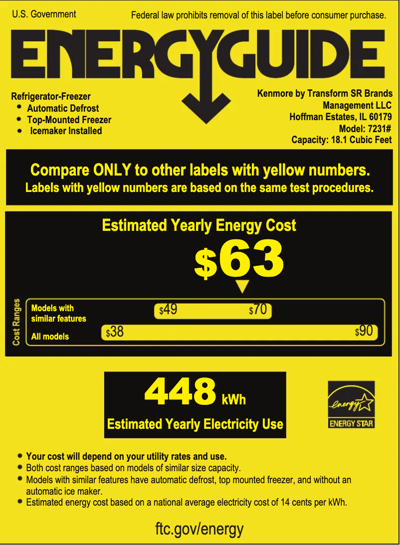 Page 1 de la notice Label énergétique Kenmore 72315