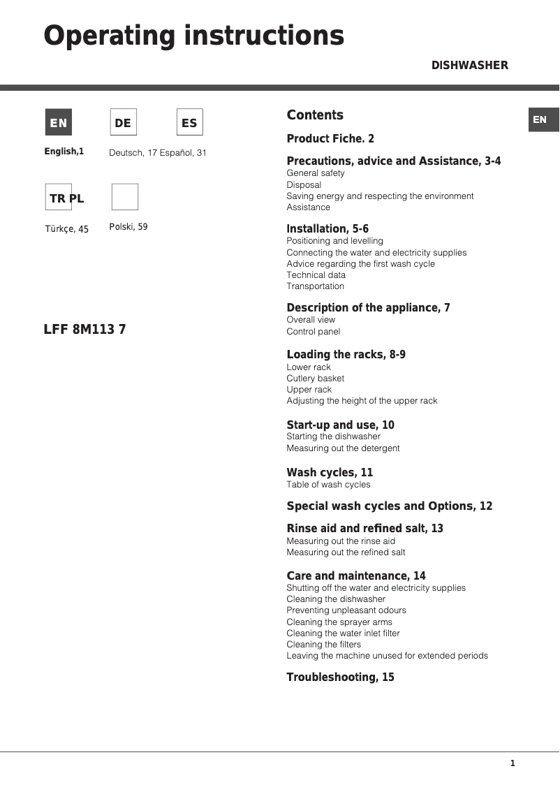 Page 1 de la notice Manuel utilisateur Hotpoint Ariston LFF 8M113 7