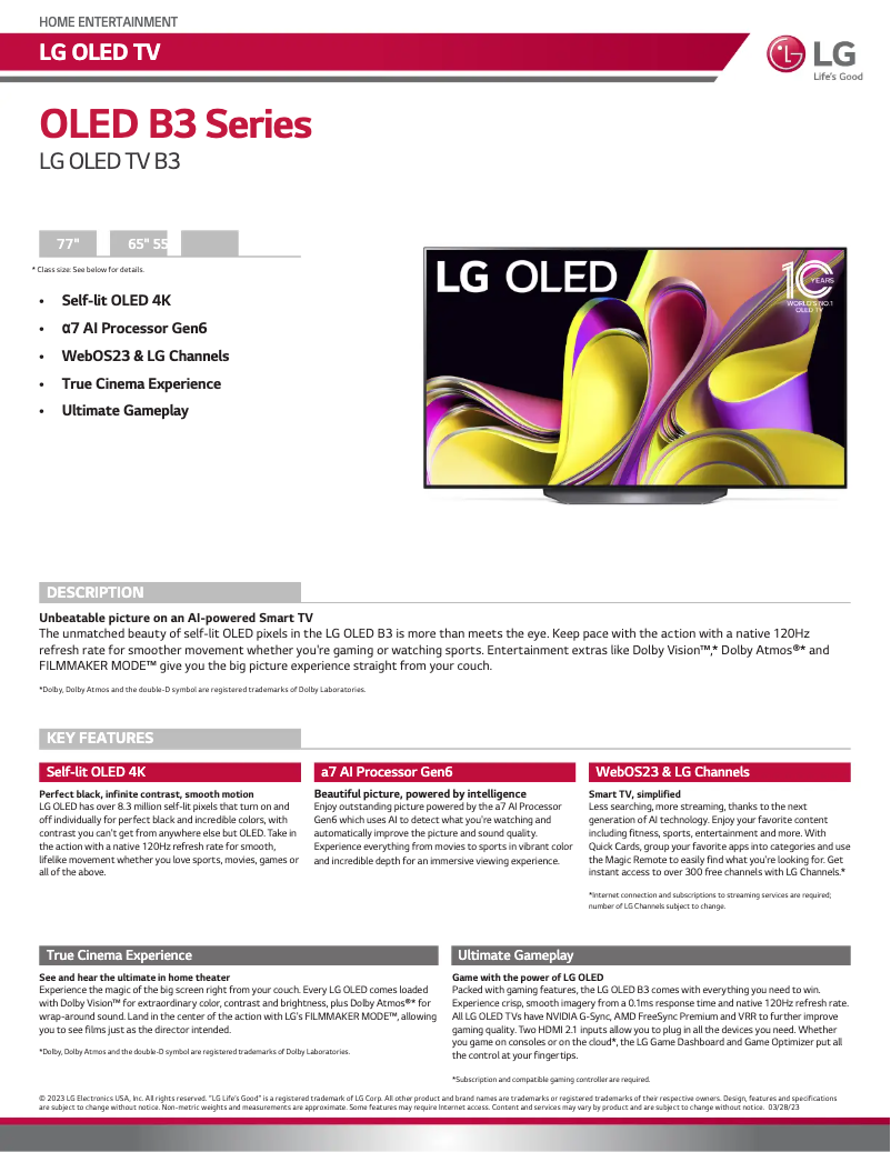 Page n°1 - Fiche technique LG OLED77B3PUA