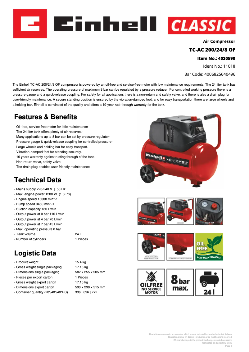 Page n°1 - Fiche technique Einhell TC-AC 200/24/8 OF