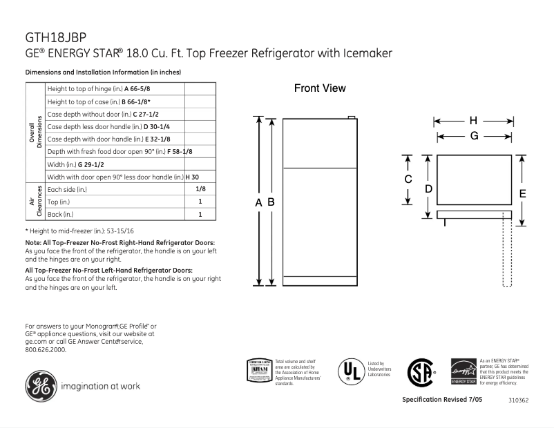 Page 1 de la notice Fiche technique GE GTH18JBPWW