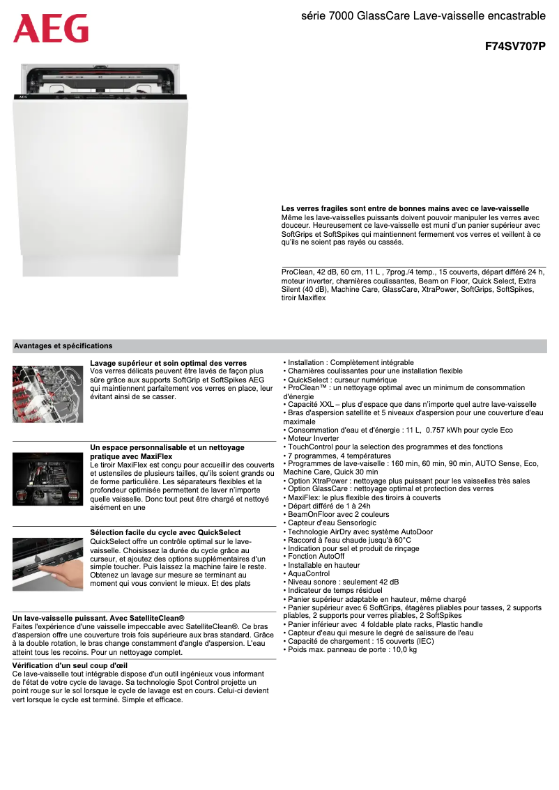 Page 1 de la notice Fiche technique AEG F74SV707P