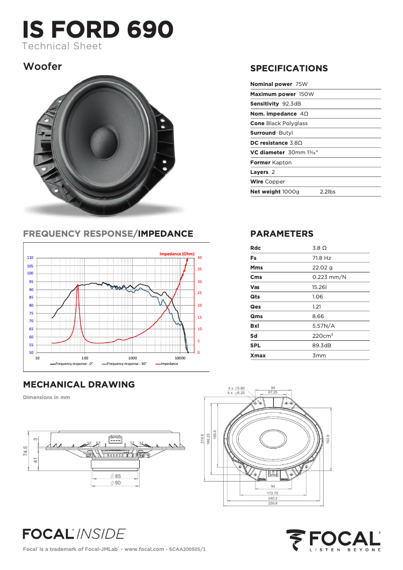 Page 1 de la notice Fiche technique Focal IS FORD 690