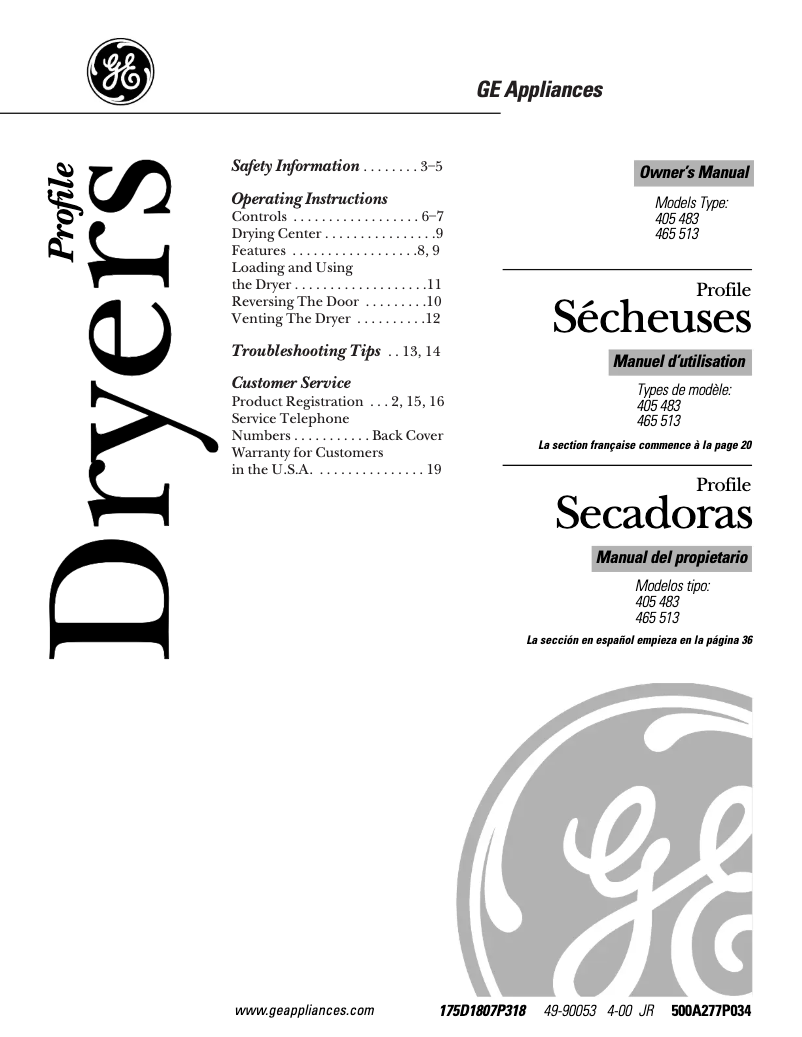 Page n°1 - Manuel d'utilisation et d'entretien GE DPXR483GAWW