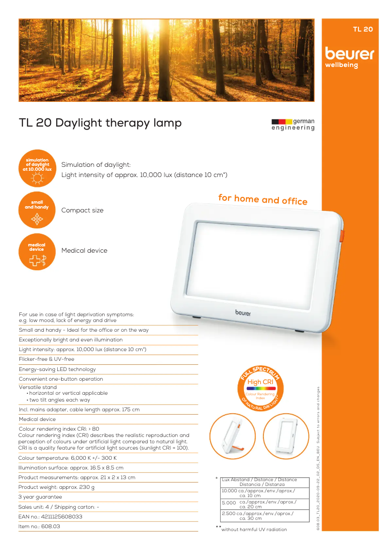 Page 1 de la notice Fiche technique Beurer TL 20