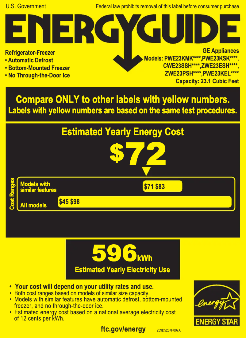 Page 1 de la notice Label énergétique GE Profile PWE23KELDS